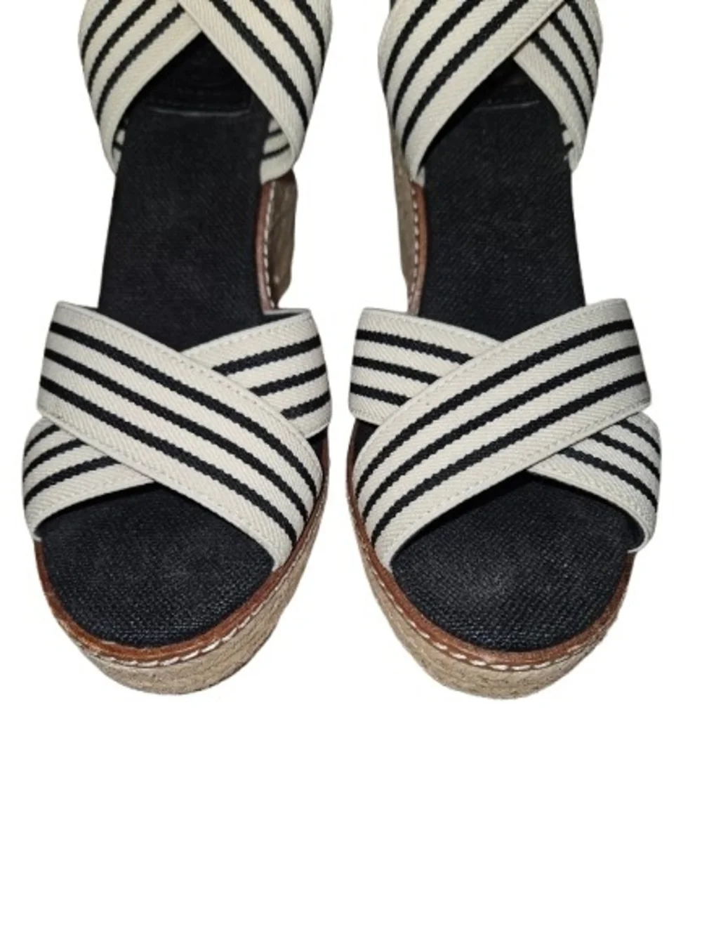 Tory Burch Frieda Espadrille Wedge Sandals Black White Striped Women's Size 7.5